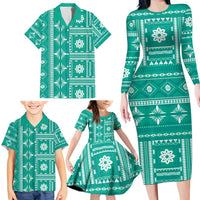Fiji Masi All Teal Family Matching Long Sleeve Bodycon Dress and Hawaiian Shirt Tapa Pattern LT01 - Polynesian Pride