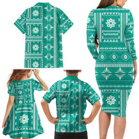 Fiji Masi All Teal Family Matching Long Sleeve Bodycon Dress and Hawaiian Shirt Tapa Pattern LT01 - Polynesian Pride