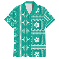 Fiji Masi All Teal Family Matching Long Sleeve Bodycon Dress and Hawaiian Shirt Tapa Pattern LT01 Dad's Shirt - Short Sleeve Teal - Polynesian Pride