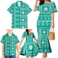 Fiji Masi All Teal Family Matching Mermaid Dress and Hawaiian Shirt Tapa Pattern LT01 - Polynesian Pride