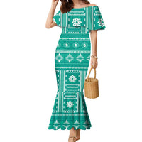 Fiji Masi All Teal Family Matching Mermaid Dress and Hawaiian Shirt Tapa Pattern LT01 Mom's Dress Teal - Polynesian Pride