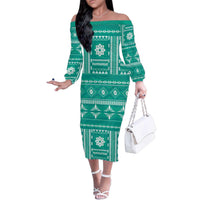 Fiji Masi All Teal Family Matching Off The Shoulder Long Sleeve Dress and Hawaiian Shirt Tapa Pattern LT01 Mom's Dress Teal - Polynesian Pride