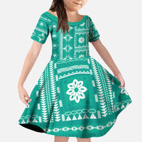 Fiji Masi All Teal Family Matching Off Shoulder Maxi Dress and Hawaiian Shirt Tapa Pattern LT01 Daughter's Dress Teal - Polynesian Pride
