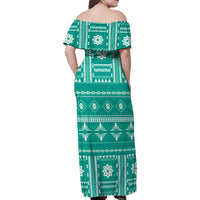 Fiji Masi All Teal Family Matching Off Shoulder Maxi Dress and Hawaiian Shirt Tapa Pattern LT01 - Polynesian Pride