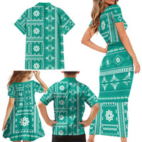 Fiji Masi All Teal Family Matching Short Sleeve Bodycon Dress and Hawaiian Shirt Tapa Pattern LT01 - Polynesian Pride