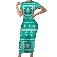 Fiji Masi All Teal Family Matching Short Sleeve Bodycon Dress and Hawaiian Shirt Tapa Pattern LT01 Mom's Dress Teal - Polynesian Pride