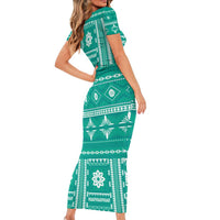 Fiji Masi All Teal Family Matching Short Sleeve Bodycon Dress and Hawaiian Shirt Tapa Pattern LT01 - Polynesian Pride