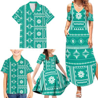 Fiji Masi All Teal Family Matching Summer Maxi Dress and Hawaiian Shirt Tapa Pattern LT01 - Polynesian Pride