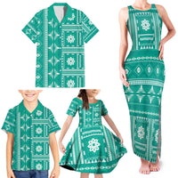 Fiji Masi All Teal Family Matching Tank Maxi Dress and Hawaiian Shirt Tapa Pattern LT01 - Polynesian Pride