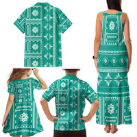 Fiji Masi All Teal Family Matching Tank Maxi Dress and Hawaiian Shirt Tapa Pattern LT01 - Polynesian Pride