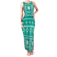 Fiji Masi All Teal Family Matching Tank Maxi Dress and Hawaiian Shirt Tapa Pattern LT01 Mom's Dress Teal - Polynesian Pride