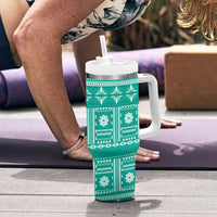 Fiji Masi All Teal Tumbler With Handle Tapa Pattern - Polynesian Pride