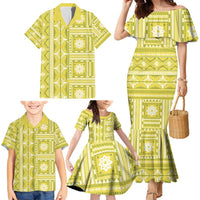 Fiji Masi All Yellow Family Matching Mermaid Dress and Hawaiian Shirt Tapa Pattern LT01 - Polynesian Pride