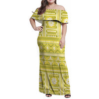 Fiji Masi All Yellow Family Matching Off Shoulder Maxi Dress and Hawaiian Shirt Tapa Pattern LT01 Mom's Dress Yellow - Polynesian Pride