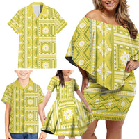 Fiji Masi All Yellow Family Matching Off Shoulder Short Dress and Hawaiian Shirt Tapa Pattern LT01 - Polynesian Pride