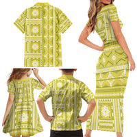 Fiji Masi All Yellow Family Matching Short Sleeve Bodycon Dress and Hawaiian Shirt Tapa Pattern LT01 - Polynesian Pride