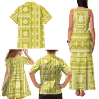 Fiji Masi All Yellow Family Matching Tank Maxi Dress and Hawaiian Shirt Tapa Pattern LT01 - Polynesian Pride