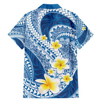 Plumeria Polynesian Blue Glitter Pattern Family Matching Off Shoulder Maxi Dress and Hawaiian Shirt