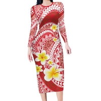 Plumeria Polynesian Coral Glitter Pattern Family Matching Long Sleeve Bodycon Dress and Hawaiian Shirt LT01 Mom's Dress Coral - Polynesian Pride