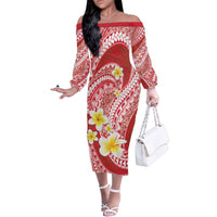 Plumeria Polynesian Coral Glitter Pattern Family Matching Off The Shoulder Long Sleeve Dress and Hawaiian Shirt LT01 Mom's Dress Coral - Polynesian Pride