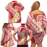 Plumeria Polynesian Coral Glitter Pattern Family Matching Off Shoulder Short Dress and Hawaiian Shirt LT01 - Polynesian Pride