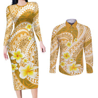Plumeria Polynesian Gold Glitter Pattern Couples Matching Long Sleeve Bodycon Dress and Long Sleeve Button Shirt