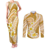Plumeria Polynesian Gold Glitter Pattern Couples Matching Tank Maxi Dress and Long Sleeve Button Shirt
