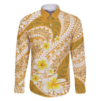 Plumeria Polynesian Gold Glitter Pattern Family Matching Off The Shoulder Long Sleeve Dress and Hawaiian Shirt LT01 Dad's Shirt - Long Sleeve Gold - Polynesian Pride