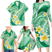 Plumeria Polynesian Green Glitter Pattern Family Matching Long Sleeve Bodycon Dress and Hawaiian Shirt LT01 - Polynesian Pride