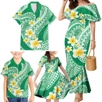 Plumeria Polynesian Green Glitter Pattern Family Matching Mermaid Dress and Hawaiian Shirt LT01 - Polynesian Pride