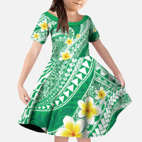 Plumeria Polynesian Green Glitter Pattern Family Matching Off The Shoulder Long Sleeve Dress and Hawaiian Shirt LT01 Daughter's Dress Green - Polynesian Pride