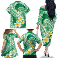 Plumeria Polynesian Green Glitter Pattern Family Matching Off The Shoulder Long Sleeve Dress and Hawaiian Shirt LT01 - Polynesian Pride