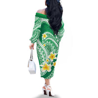 Plumeria Polynesian Green Glitter Pattern Family Matching Off The Shoulder Long Sleeve Dress and Hawaiian Shirt LT01 - Polynesian Pride