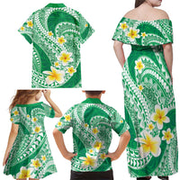 Plumeria Polynesian Green Glitter Pattern Family Matching Off Shoulder Maxi Dress and Hawaiian Shirt LT01 - Polynesian Pride