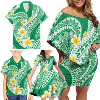 Plumeria Polynesian Green Glitter Pattern Family Matching Off Shoulder Short Dress and Hawaiian Shirt LT01 - Polynesian Pride