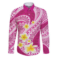 Plumeria Polynesian Pink Glitter Pattern Family Matching Long Sleeve Bodycon Dress and Hawaiian Shirt LT01 Dad's Shirt - Long Sleeve Pink - Polynesian Pride