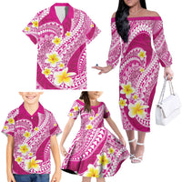 Plumeria Polynesian Pink Glitter Pattern Family Matching Off The Shoulder Long Sleeve Dress and Hawaiian Shirt LT01 - Polynesian Pride