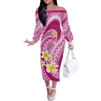 Plumeria Polynesian Pink Glitter Pattern Family Matching Off The Shoulder Long Sleeve Dress and Hawaiian Shirt LT01 Mom's Dress Pink - Polynesian Pride