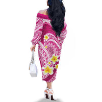 Plumeria Polynesian Pink Glitter Pattern Family Matching Off The Shoulder Long Sleeve Dress and Hawaiian Shirt LT01 - Polynesian Pride
