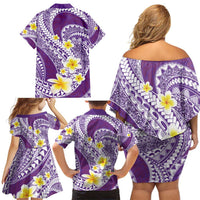 Plumeria Polynesian Purple Glitter Pattern Family Matching Off Shoulder Short Dress and Hawaiian Shirt LT01 - Polynesian Pride