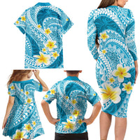Plumeria Polynesian Sky Blue Glitter Pattern Family Matching Long Sleeve Bodycon Dress and Hawaiian Shirt LT01 - Polynesian Pride