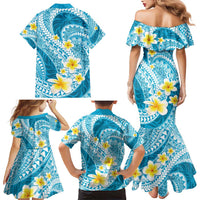 Plumeria Polynesian Sky Blue Glitter Pattern Family Matching Mermaid Dress and Hawaiian Shirt LT01 - Polynesian Pride