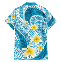 Plumeria Polynesian Sky Blue Glitter Pattern Family Matching Off The Shoulder Long Sleeve Dress and Hawaiian Shirt LT01 - Polynesian Pride