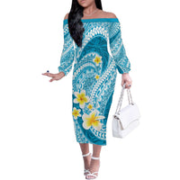 Plumeria Polynesian Sky Blue Glitter Pattern Family Matching Off The Shoulder Long Sleeve Dress and Hawaiian Shirt LT01 Mom's Dress Sky Blue - Polynesian Pride