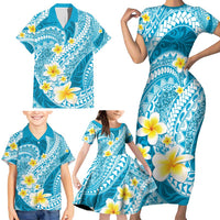 Plumeria Polynesian Sky Blue Glitter Pattern Family Matching Short Sleeve Bodycon Dress and Hawaiian Shirt LT01 - Polynesian Pride