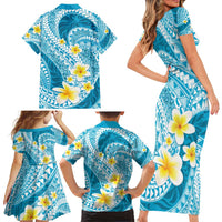 Plumeria Polynesian Sky Blue Glitter Pattern Family Matching Short Sleeve Bodycon Dress and Hawaiian Shirt LT01 - Polynesian Pride