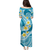 Plumeria Polynesian Sky Blue Glitter Pattern Puletasi