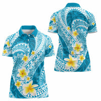 Plumeria Polynesian Sky Blue Glitter Pattern Women Polo Shirt