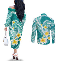 Plumeria Polynesian Teal Glitter Pattern Couples Matching Off The Shoulder Long Sleeve Dress and Long Sleeve Button Shirt