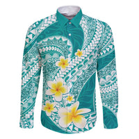 Plumeria Polynesian Teal Glitter Pattern Family Matching Long Sleeve Bodycon Dress and Hawaiian Shirt LT01 Dad's Shirt - Long Sleeve Teal - Polynesian Pride